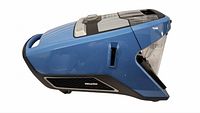 Side profile of blue Miele Blizzard CX1 canister vacuum showing dustbin and side grill