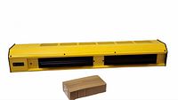 Front view of yellow ceiling heater with boxed remote underneath