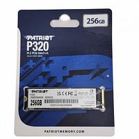 Front view of Patriot P320 256GB NVMe SSD in sealed retail packaging