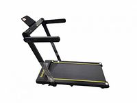 Side view of black Toputure folding treadmill showing frame and running deck