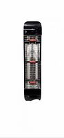 Frontal view of black ZeboZap infrared patio heater showing heating elements and grille