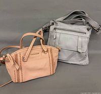 Grey Sam & Kate crossbody next to blush Cole Haan satchel