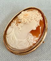 front view of cameo brooch showing carving and frame