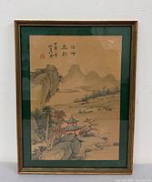 Front view of framed watercolor landscape with mat and frame visible