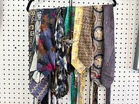Nine novelty neckties and bolo tie hanging on hanger