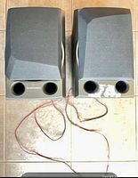 Front view of both Pioneer speakers with grills on, showing attached wires