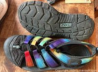 Pair of Keen multicolor sandals showing upper and sole