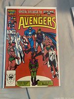 Front cover Avengers #266 showing characters and Secret Wars II epilogue banner