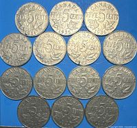 Fronts of all 14 Canadian 5-cent nickel coins