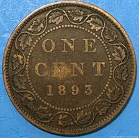 Reverse of 1893 Canadian large cent showing ONE CENT 1893 within maple leaf wreath
