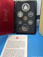 Front view of coin set in presentation case showing obverse designs and certificate