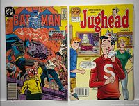 Front covers of both comic books: Batman (DC) and Jughead #180 (Archie)