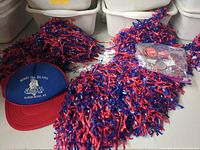 Overall lot showing hat, pom-poms, bagged pins
