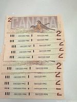 Stack of ten Canadian $2 bills showing reverse with American robin and consecutive serial numbers