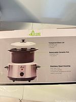 Back panel of Eco+Chef slow cooker box detailing lid, pot, housing