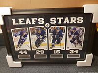 Full view of framed Leafs Stars collage with four photos and nameplates