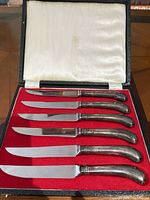 Open case showing six steak knives on red felt interior