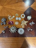 Group shot of all brooches and earring pairs laid out on table
