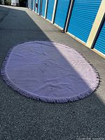 Full view of purple oval rug laid out on pavement