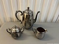 Front view of teapot, sugar bowl and creamer showing overall design and condition