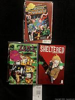 Three comics strapped together showing titles Crisis, Sheltered and another