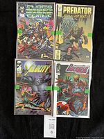 Four comic books displayed: Cyber Force, Predator: Hell & Hot Water, Velocity, additional Image title