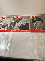 Three LIFE magazines laid side by side showing all covers and dates