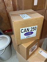 Stacked sealed boxes displaying CAN 250 labels