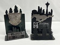 Front view of both Mustang Roundup Gold award trophies