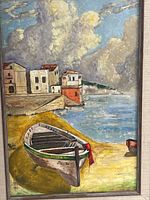Full painting showing rowboat, village, sea, frame