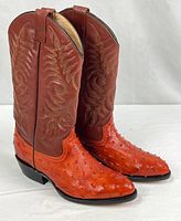 Full side view of both boots showing color, embroidery, and vamp texture