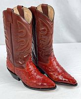 Full view of both boots standing, showing color, height, embroidery, and heel.