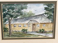 close-up of the watercolor painting showing the building and trees