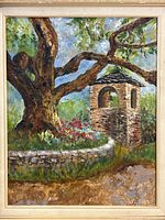 Close view of painting subject showing oak tree, bell tower, stone wall and flowers