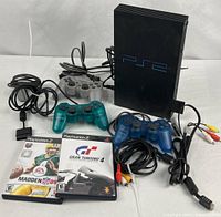 Bundle overview: console, three controllers, two games, cables