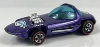 Side view showing purple body, blue canopy, engine, redline wheels