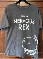 Front view of charcoal grey Disney Parks Toy Story Nervous Rex T-shirt on hanger