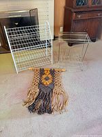 Record stand, shoe rack, macramé displayed together