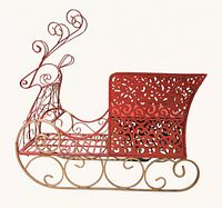 Full view of red and gold metal reindeer sleigh