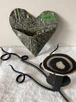 Both items: wrought iron candle holder with agate slice and heart-shaped wall pocket