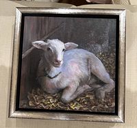 Frontal view of framed acrylic painting of lamb