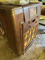 Angled view of full console radio cabinet
