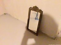 Full view of mirror leaning against wall, shows overall size and rectangular shape