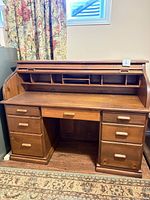 Full view of roll-top desk front and interior cubbies