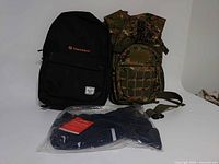 Two backpacks and packaged winter head cover