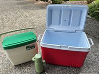 All three items: Rubbermaid cooler open, Coleman Oscar cooler closed, Thermos flask