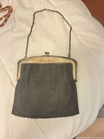 Front view of silver mesh bag with gold-tone frame and chain strap
