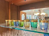 Front view showing coloured glasses and gold rims