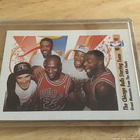 Front of trading card in sleeve showing Bulls players and card text