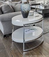 Side table staged in living room showing design and proportions